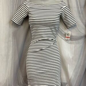 Bar III White Black Stripes Bodycon Off Shoulder Mini Dress XS Wedding Guest iii